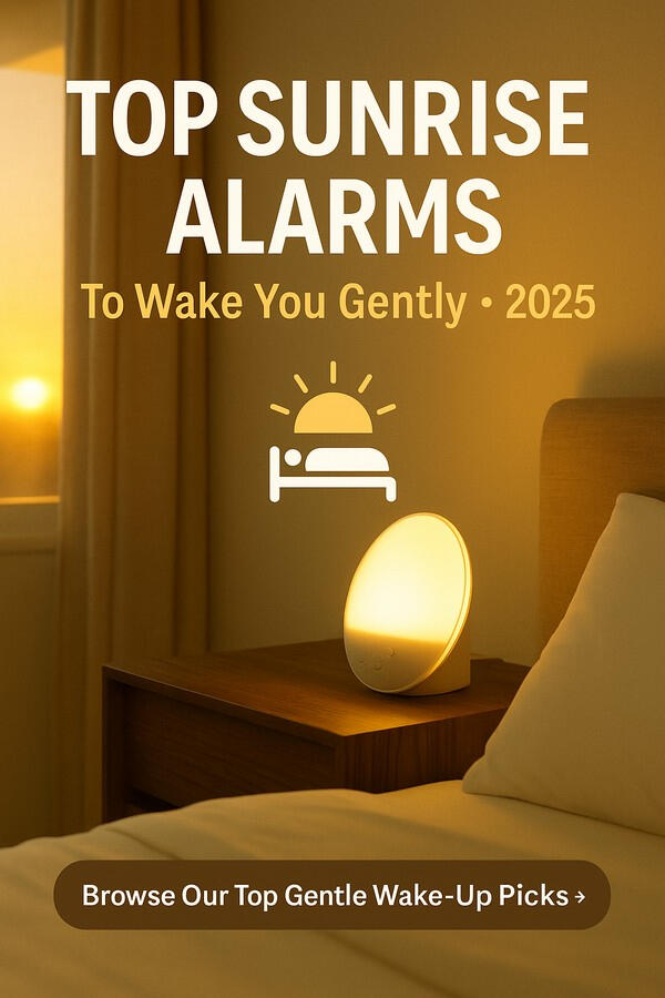 A softly glowing sunrise clock on a nightstand, with the text “Top Sunrise Alarms to Wake You Gently – 2025” over warm background tones.